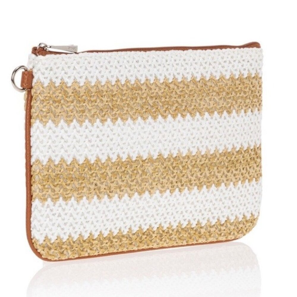 THIRTY ONE BAGS Rubie Mini Zipper Pouch White Striped Straw NIP NLA